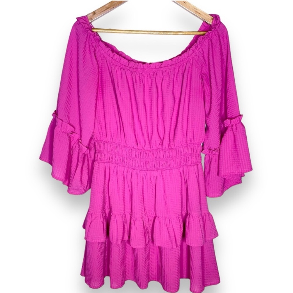 Le Lis Fuchsia Barbie Pink Flare Sleeve Ruffle Tiered Mini Dress